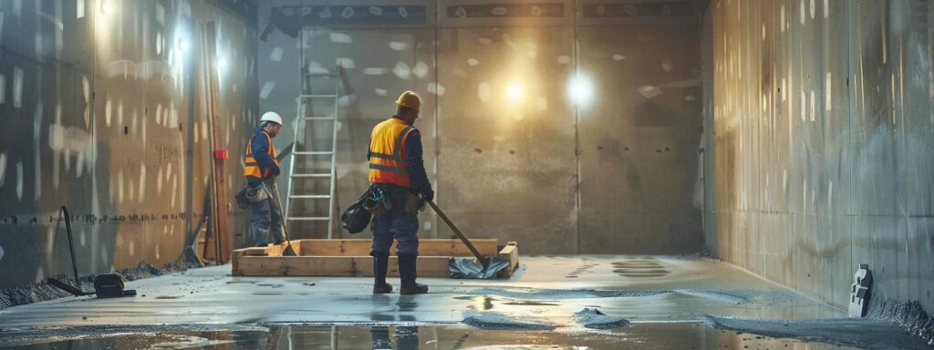 a well-lit basement showcases a professional waterproofing process, featuring exposed concrete walls as a contractor in safety gear expertly seals cracks with hydraulic cement while another installs a french drain along the perimeter, highlighting a clean and organized workspace ready for a sump pump installation.