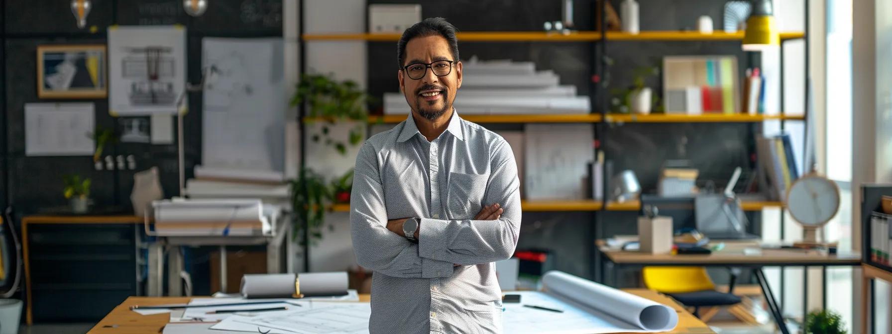 a confident repair expert stands in a modern, bustling new york city office, surrounded by tools and blueprints, conveying trust and expertise to a satisfied homeowner during a detailed consultation.