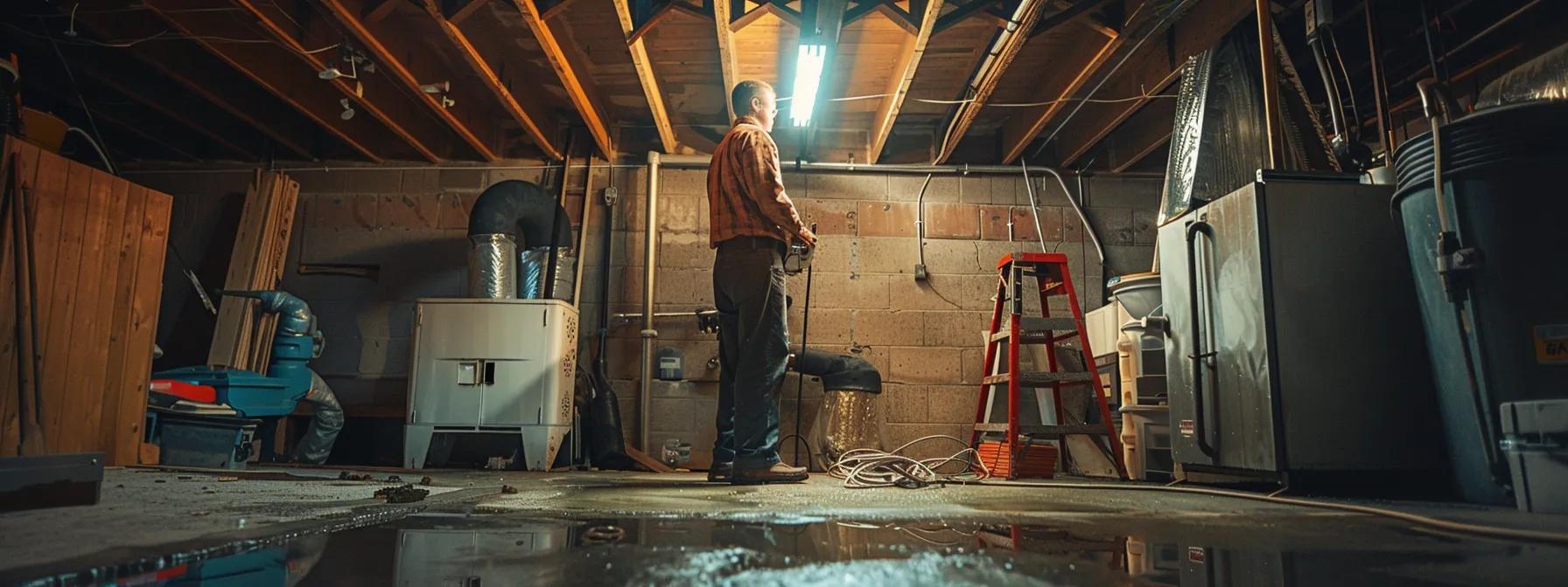 a professional basement waterproofing expert inspects a modern, dimly lit basement, surrounded by advanced equipment and materials, highlighting the importance of thorough assessments and tailored solutions in a bustling new york city setting.