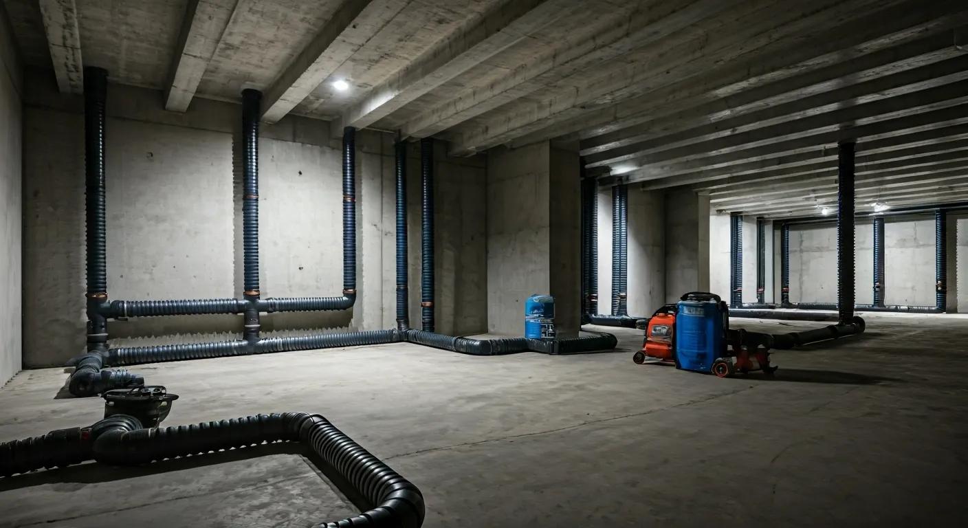 a modern basement undergoing waterproofing, showcasing sleek interior drainage systems and installation equipment against a backdrop of exposed concrete walls, illuminated by bright overhead lights, emphasizing the latest technology in moisture control.
