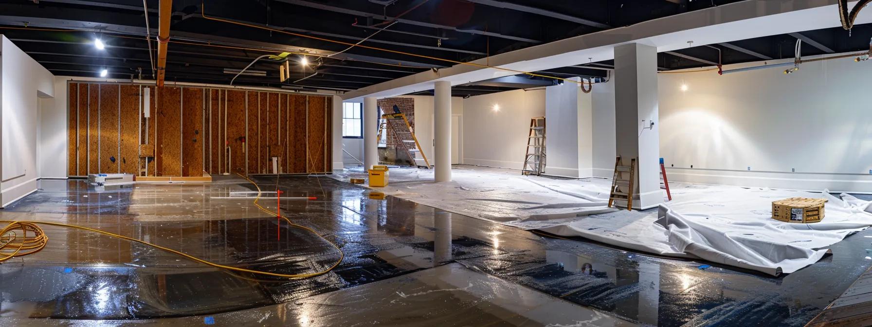 a modern basement undergoing waterproofing renovation highlights advanced equipment and protective materials, emphasizing reliability and professional service in a well-lit, clean urban setting.