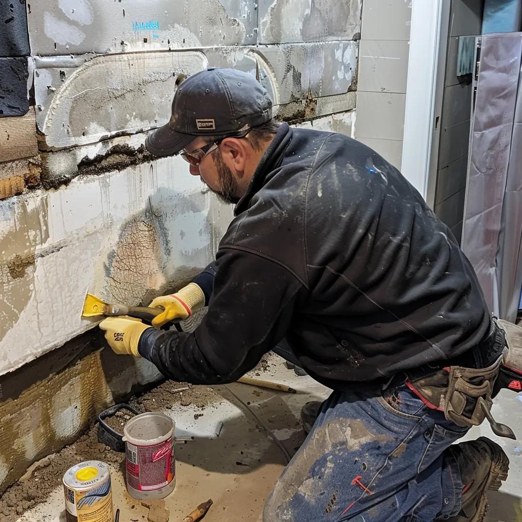 Experienced waterproofing technician repairing foundation cracks in a basement