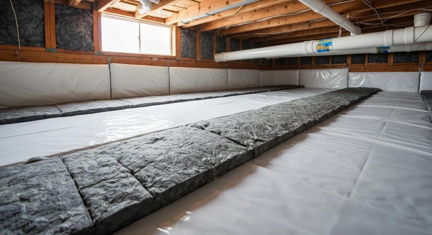 Crawl space encapsulation featuring vapor barriers and insulation to block moisture