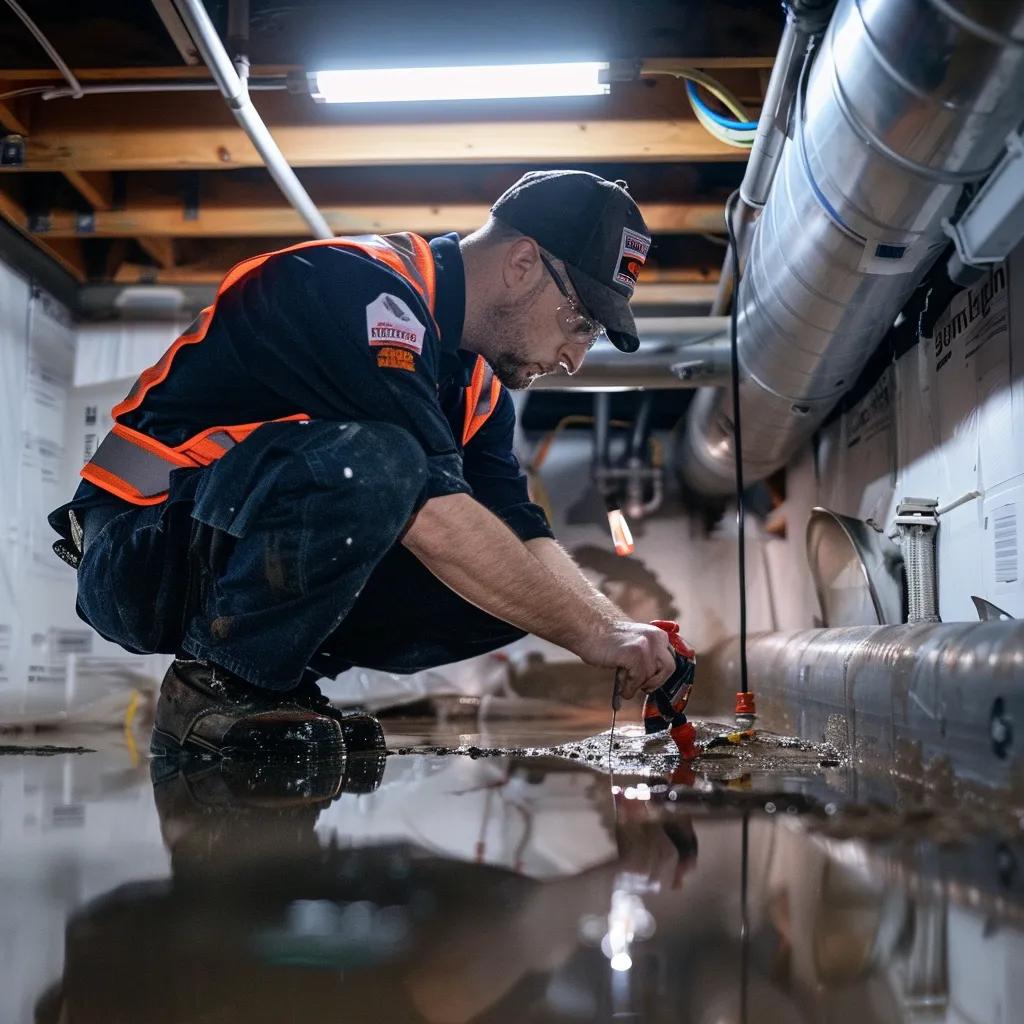 Professional waterproofing technician assessing a damp basement for waterproofing solutions