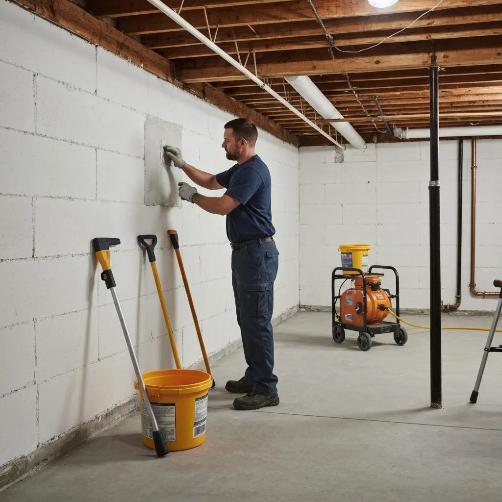 Professional contractor applying sealant to a basement wall to prevent water intrusion