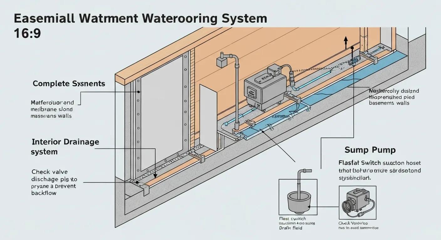 Diagram illustrating basement waterproofing methods, including interior drainage systems and sump pumps