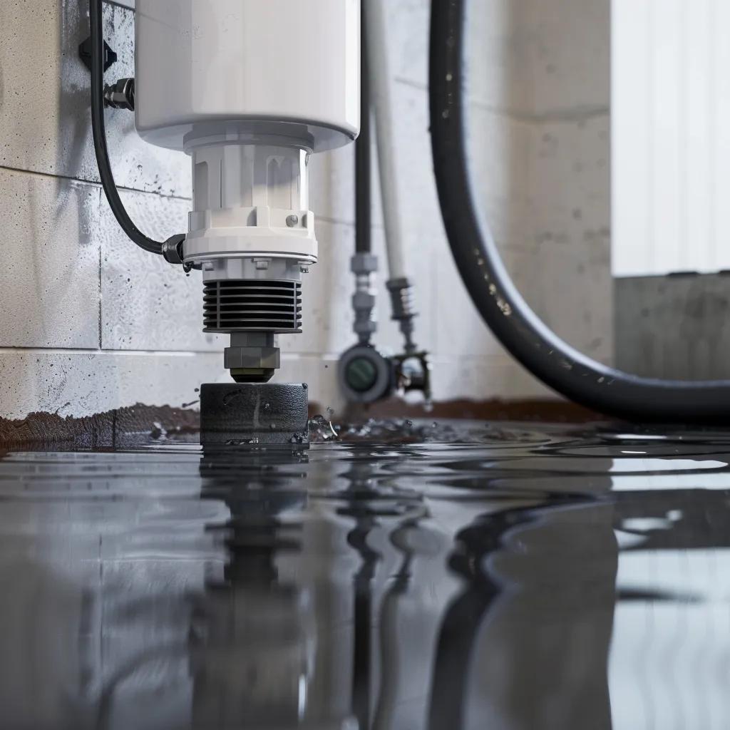 Close-up of a sump pump actively preventing basement flooding, showcasing its importance in waterproofing