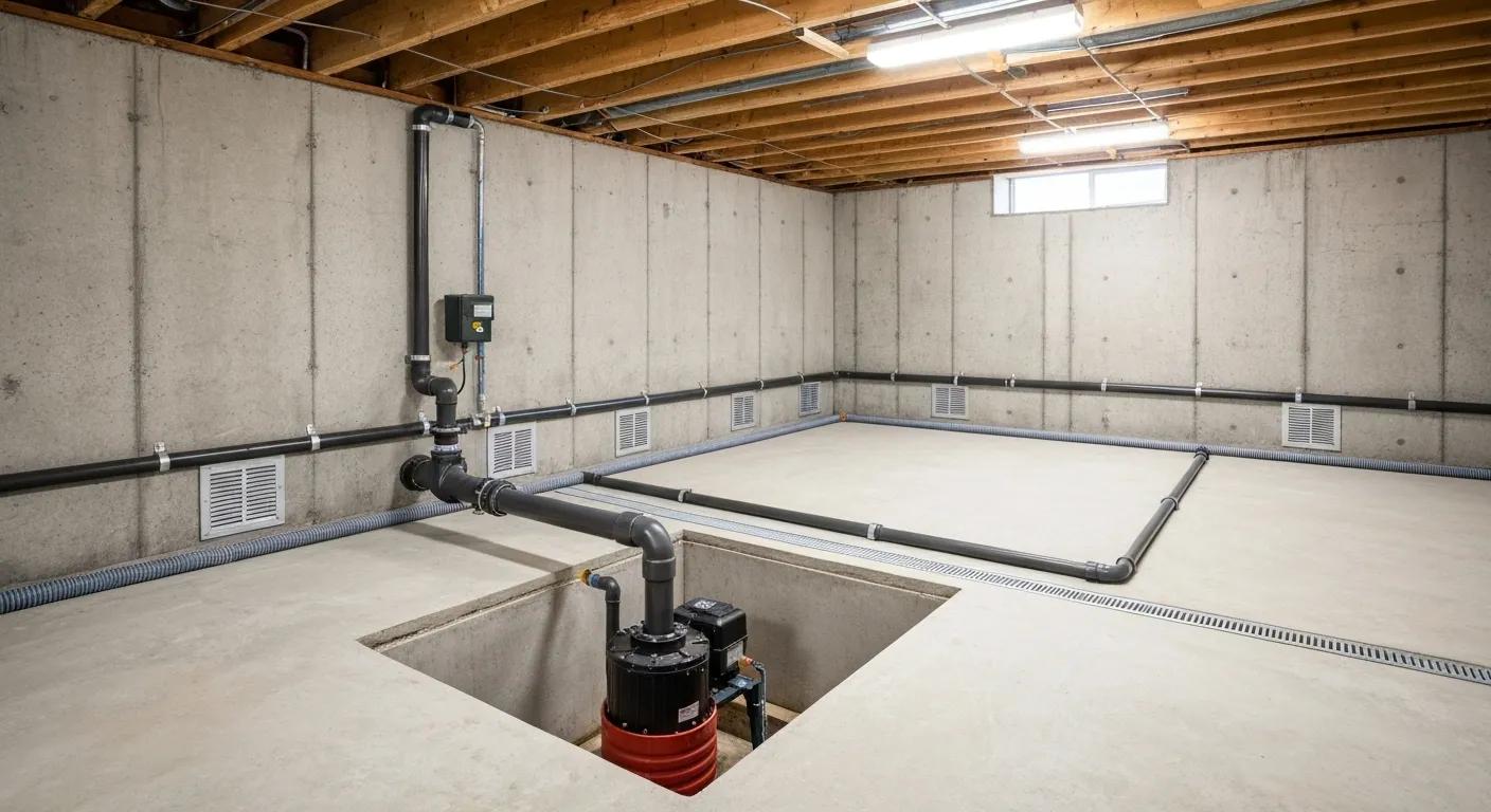 Interior basement waterproofing setup with sump pump and perimeter drains