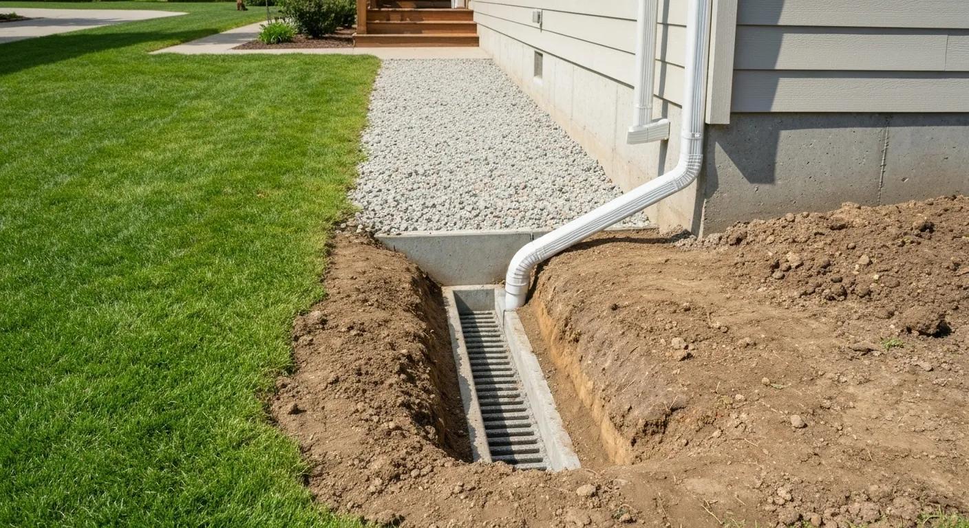 Exterior waterproofing with French drain installation around a home's foundation