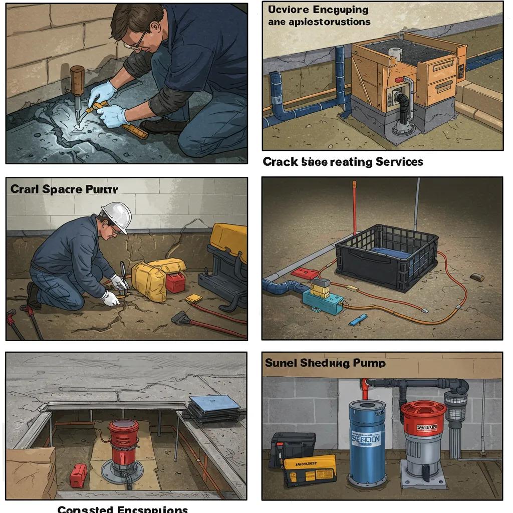 Specialized waterproofing services in action, including crack repair and sump pump installation